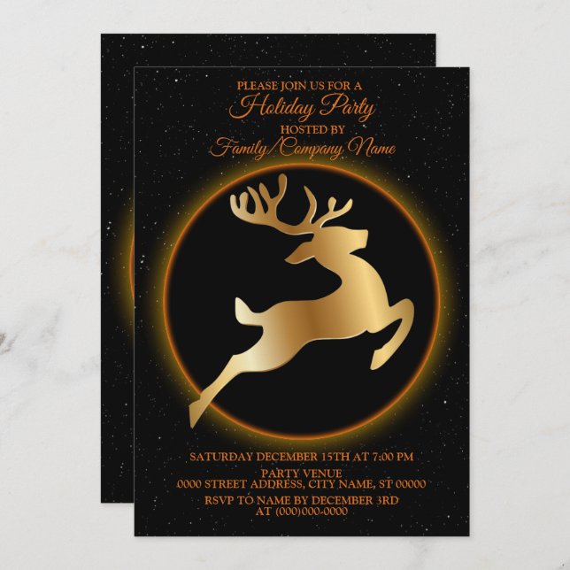 Invitation Noël Golden Reindeer Black Fête des Fêtes (Devant / Derrière)