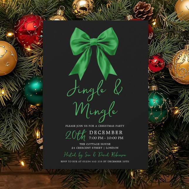 Invitation Noël Green Jingle & Mingle Fête avec Arc Noir  (Green Jingle & Mingle Christmas Party Bow Black Invitation)