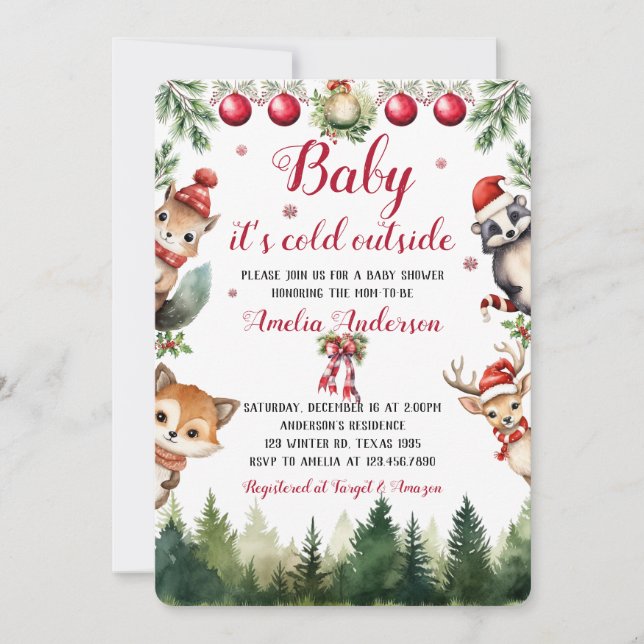 Invitation Noël Hiver Baby shower des animaux de bois (Devant)