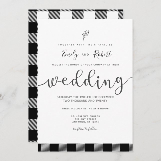 Invitation Noël hiver noir blanc Buffalo Plaid Mariage (Devant / Derrière)