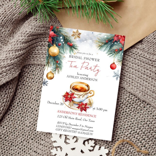 Invitation Noël hiver nuptiale douche thé modèle (Christmas winter bridal shower tea party editable template invitation digital download watercolor)