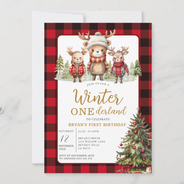 Invitation Noël hiver Onederland Animal Anniversaire Plaid (Devant)