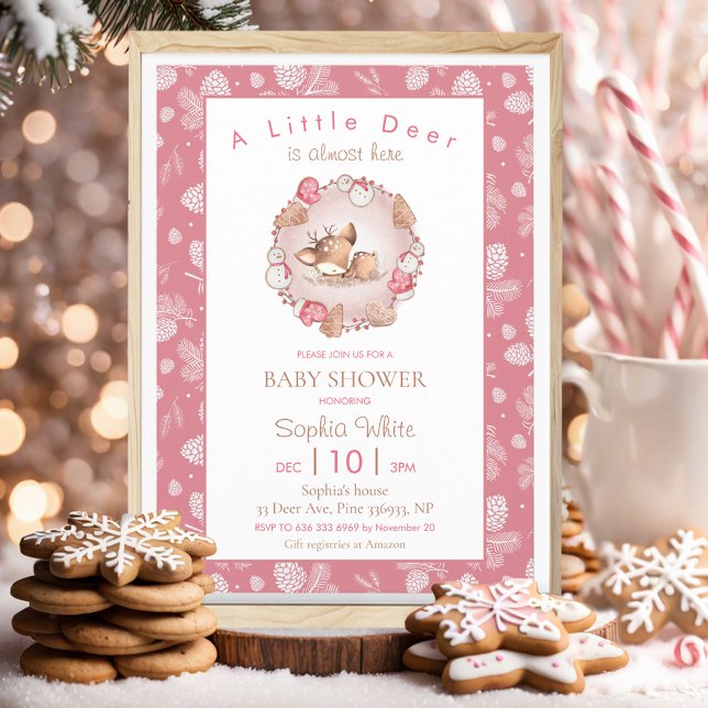 Invitation Noël Hiver Pink Deer Pine Cone Baby shower (Christmas Winter Pink Deer Pine Cone Baby Shower Invitation)
