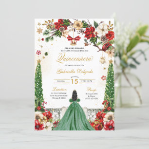 Invitation Noël hiver Poinsettia Green Red Quinceanera