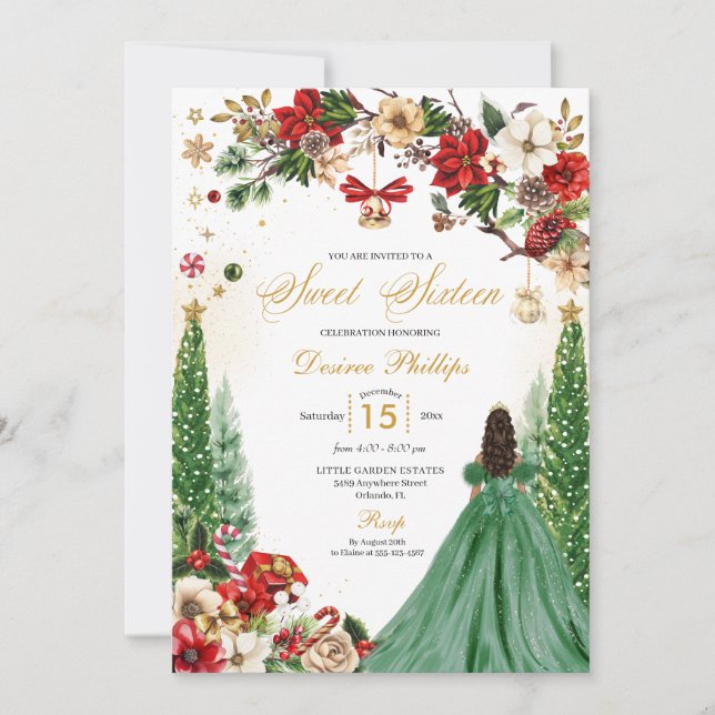 Invitation Noël hiver Poinsettia Princesse Sweet sixteen (Devant)