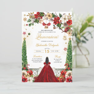 Invitation Noël hiver Poinsettia Rouge or Quinceanera