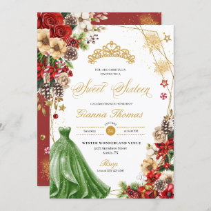 Invitation Noël hiver Rouge & Or Poinsettia Sweet 16