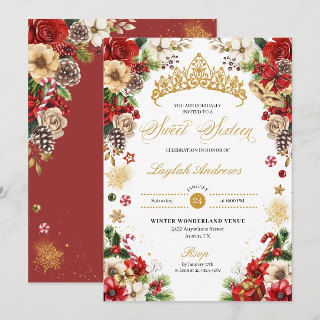 Invitation Noël hiver Rouge & Or Poinsettia Sweet 16 (Devant / Derrière)