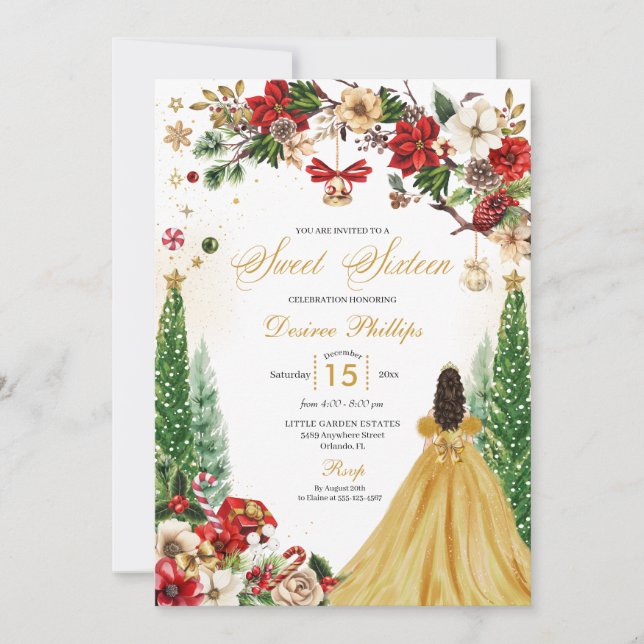 Invitation Noël hiver Rouge or Poinsettia Sweet sixteen (Devant)