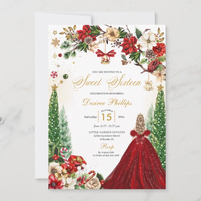 Invitation Noël hiver Rouge or Poinsettia Sweet sixteen (Devant)