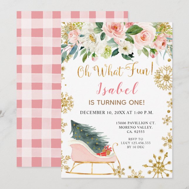 Invitation Noël Hiver Sleigh Oh Quel Amusement Premier Annive (Devant / Derrière)