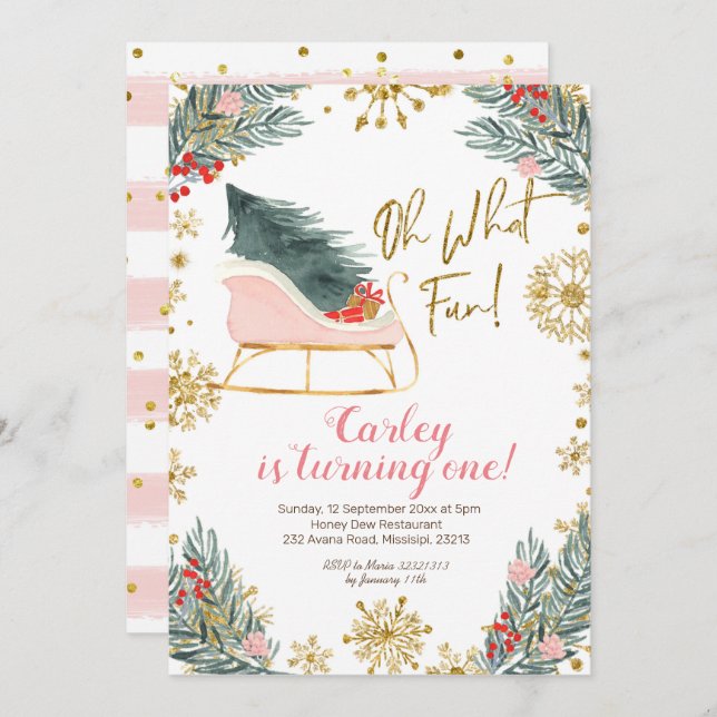 Invitation Noël Hiver Sleigh Oh Quel Amusement Premier Annive (Devant / Derrière)
