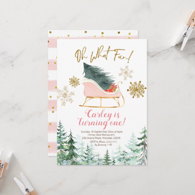 Invitation Noël Hiver Sleigh Oh Quel Amusement Premier Annive (Devant/Arrière en situation)