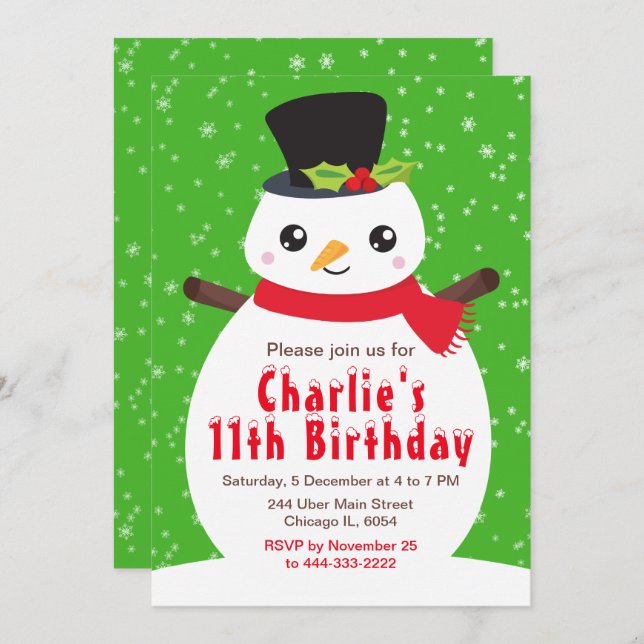 Invitation Noël hiver Snowman Anniversaire Bright Green Inv (Devant / Derrière)