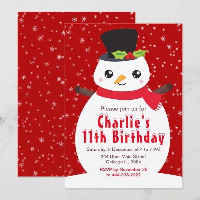 Invitation Noël hiver Snowman Anniversaire Dark Red Invitat (Devant / Derrière)