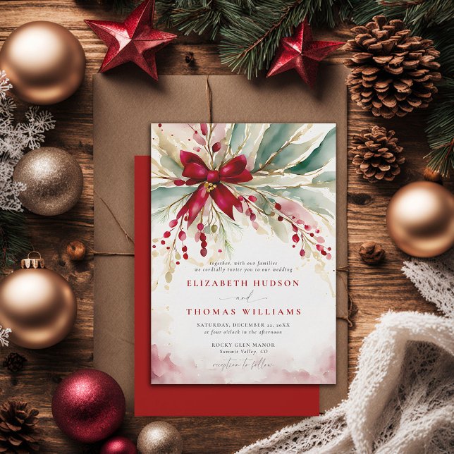 Invitation Noël hiver verdure Bow rouge Rustique Mariage (christmas wedding invitation country cottage cozy chic red bow watercolor elegant bohemian)