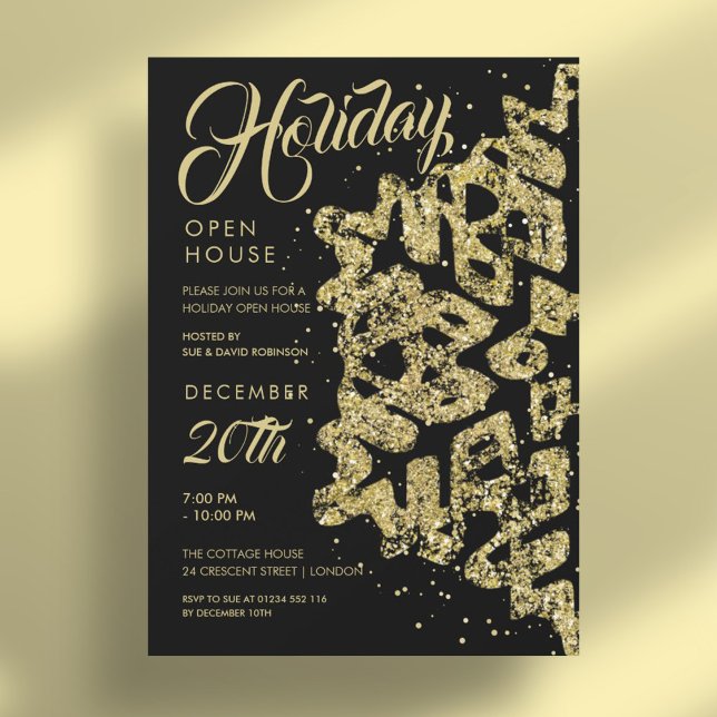 Invitation Noël Holiday Open House Gold Parties scintillant N (Christmas Holiday Open House Gold Glitter Black Invitation)