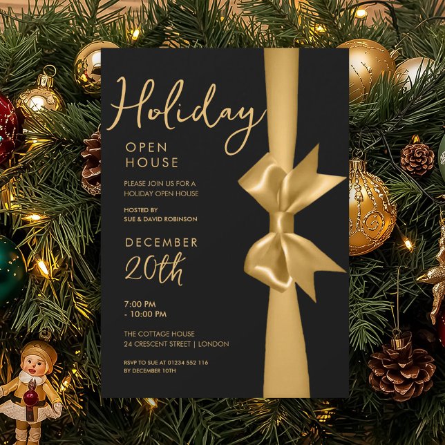 Invitation Noël Holiday Open House Gold Ribbon Noir (Christmas Holiday Open House Gold Ribbon Black Invitation)