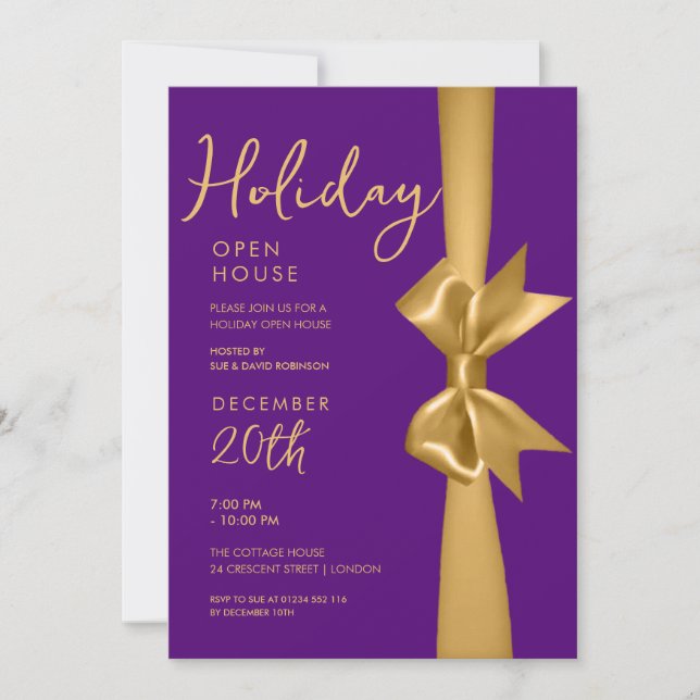 Invitation Noël Holiday Open House Gold Ribbon Purple (Devant)