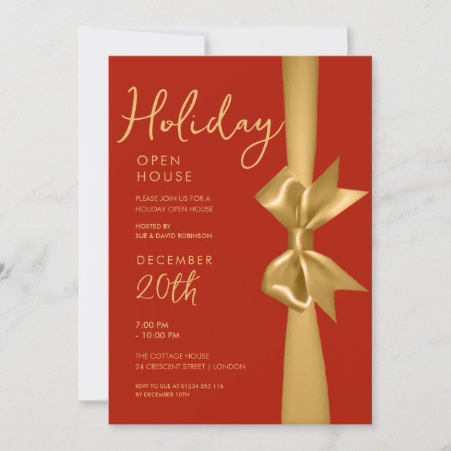Invitation Noël Holiday Open House Gold Ribbon Rouge (Devant)
