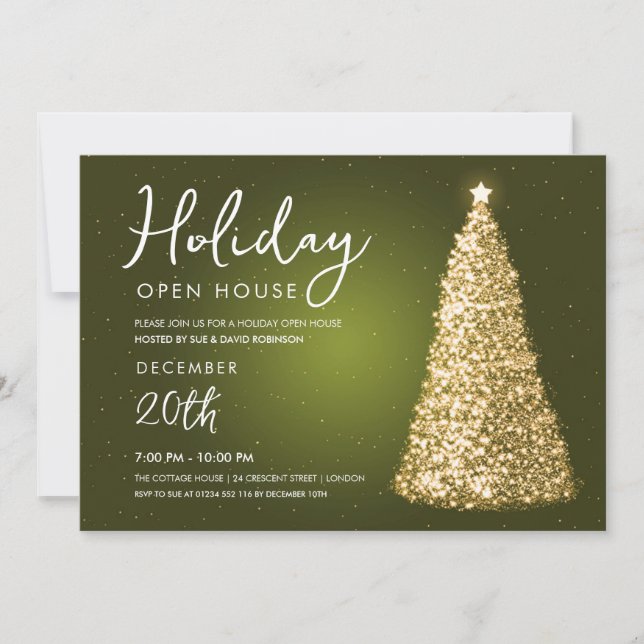 Invitation Noël Holiday Open House Gold Tree Green (Devant)