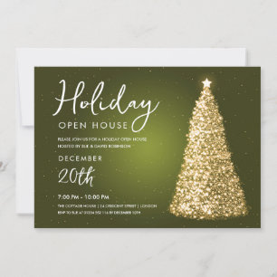 Invitation Noël Holiday Open House Gold Tree Green