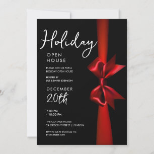 Invitation Noël Holiday Open House Rouge Ribbon Noir