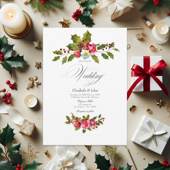 Invitation Noël Holly et Ivy avec Mariage Roses rouges (Christmas Holly and Ivy with Red Roses Wedding Invitation)