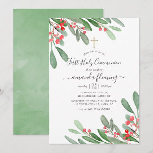 Invitation Noël holly jolly communion chrétienne aquarelle