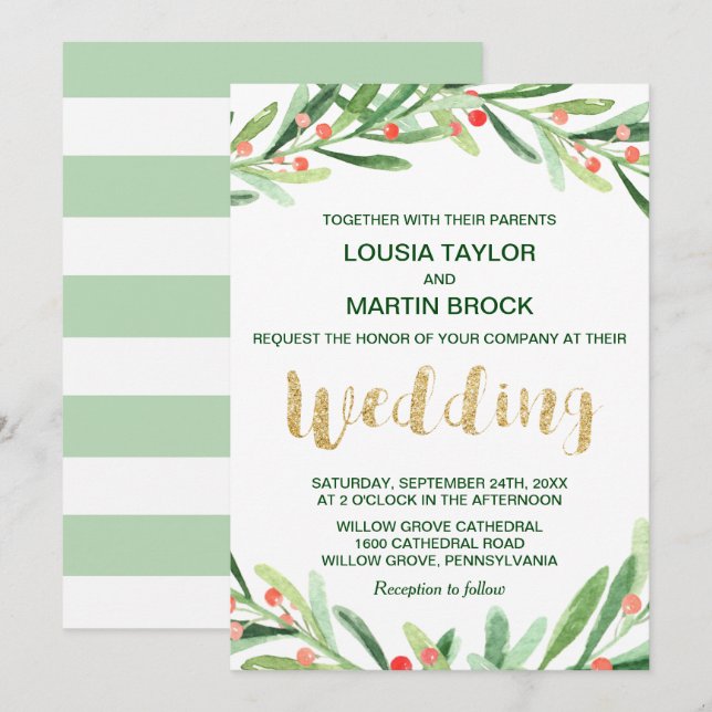 Invitation Noël Holly Mariage (Devant / Derrière)