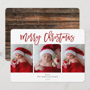 Invitation Noël joyeux rouge Bois rustique Photo de vacances