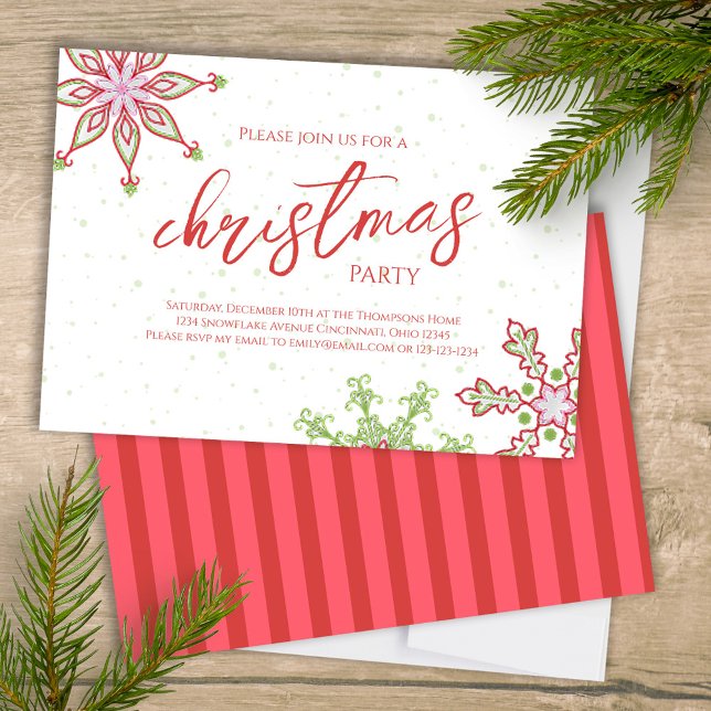 Invitation Noël mignon couleur flocon d'hiver Whimsical (Christmas party whimsical cute colorful snowflakes invitation. )