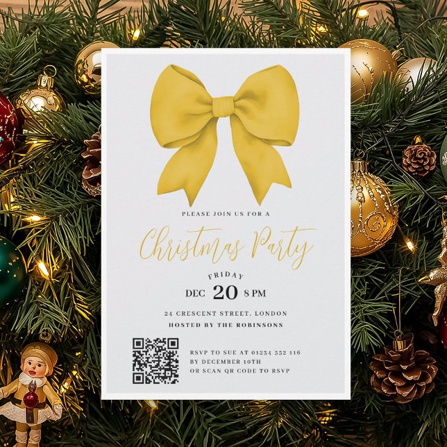 Invitation Noël Moderne Arc-en-ciel Doré Fête de Noël (Modern QR Gold Holiday Bow Christmas Party Invitation)
