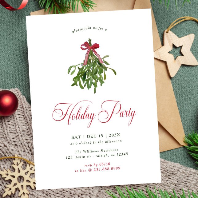 Invitation Noël Moderne Guirlande de Gui Fête Rouge Ruban (Créateur téléchargé)