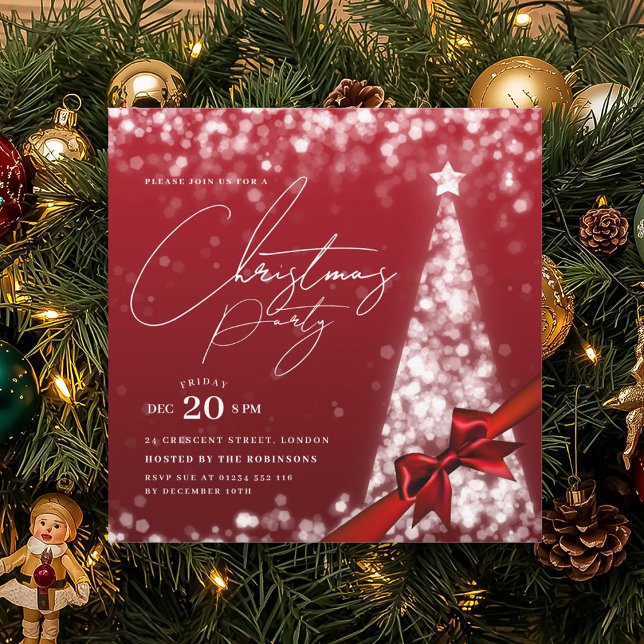 Invitation Noël Moderne Ruban d'arbre de Noël d'hiver Rouge A (MODERN Silver Red Winter Christmas Tree Bow Party Invitation)