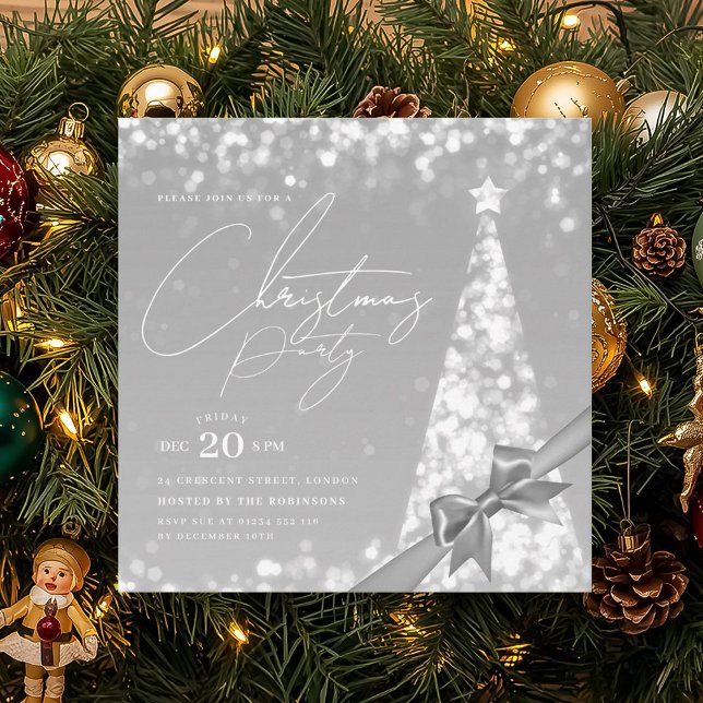 Invitation Noël Moderne Ruban d'Arbre d'Hiver Argenté Fête (MODERN Silver Winter Christmas Tree Bow Party Invitation)
