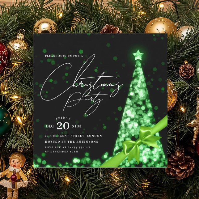 Invitation Noël Moderne Ruban de l'arbre de Noël Vert Fête  (MODERN Green Winter Christmas Tree Bow Party Invitation)