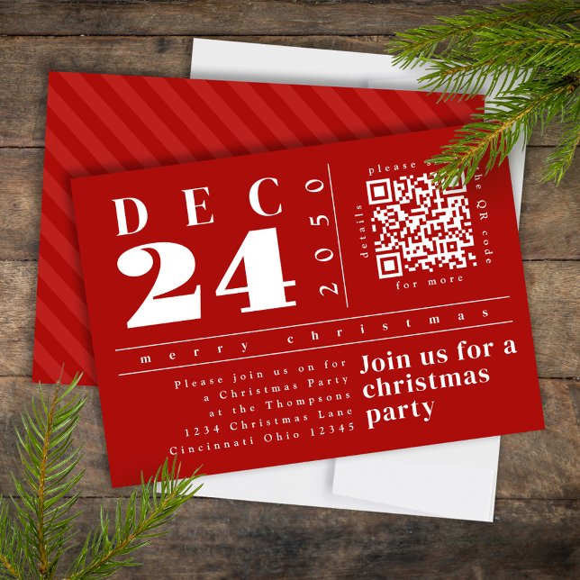 Invitation Noël Moderne Simple Rouge Gras Gris Code QR (Christmas modern style simple red striped party invitation, )
