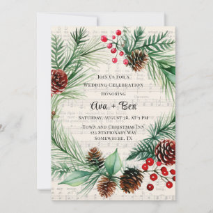 Invitation Noël Musique Vintage Rouge Berry Mariage Wreath