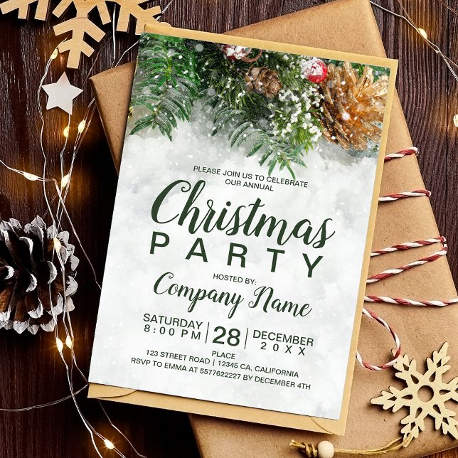 Invitation Noël neige pays entreprise pin vert or (Snow Christmas country corporate green pine gold Invitation)