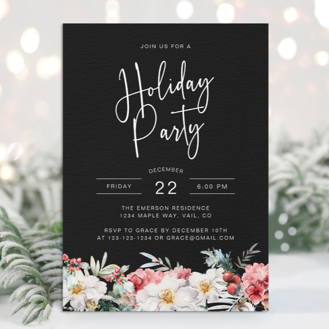 Invitation Noël noir Fête botanique des Fêtes (Elegant Black Holiday Party Invitation Watercolor Botanical Floral Berries)