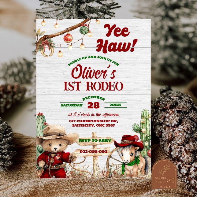 Invitation Noël occidental Yeehaw rouge Cow-boy Rodéo Anniver (Créateur téléchargé)