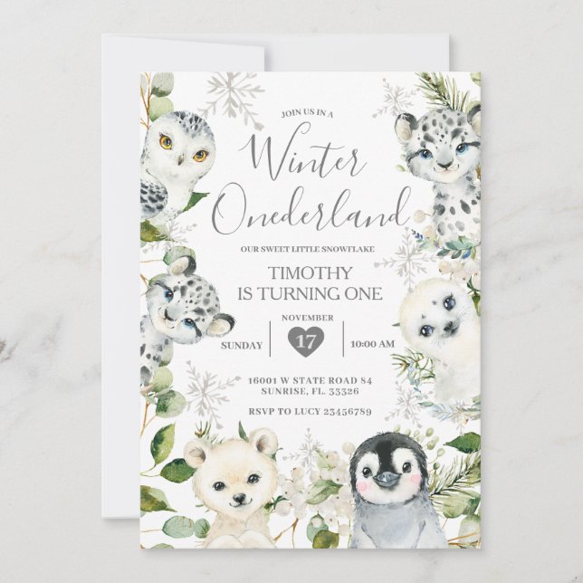 Invitation Noël ONE derland Arctic Animals Garçon 1er naissan (Devant)