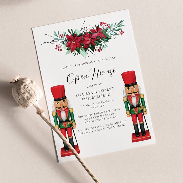 Invitation Noel Open House Poinsettia Toy Nutcracker (Open House Botanical Christmas Party Invitation)