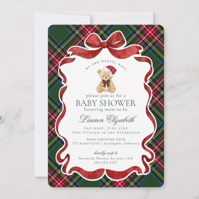 Invitation Noël Ours Tartan Plaid Baby Shower (Devant)