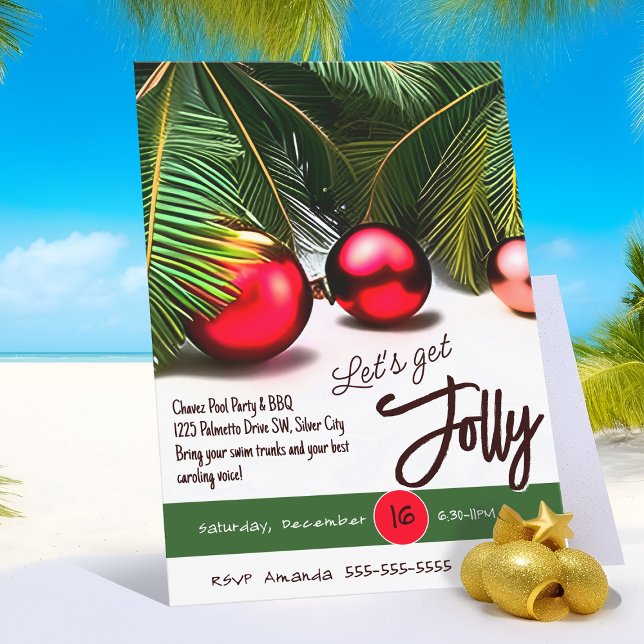Invitation Noël Palm Tree Jolly Rouge Ornements Tropical (Jolly tropical Christmas palm tree party invitation)