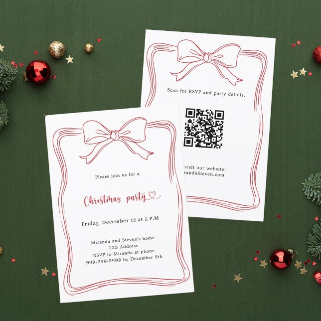 Invitation Noël Party code QR à main levée arc rouge (Créateur téléchargé)