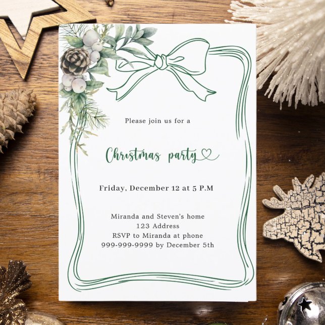 Invitation Noël Party de pin de verdure de ruban vert (Créateur téléchargé)