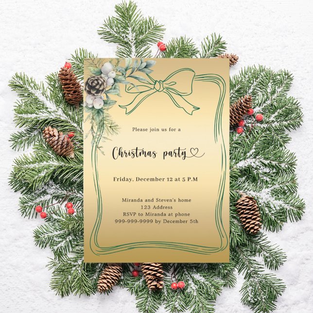 Invitation Noël Party de pin vert bow doré (Créateur téléchargé)
