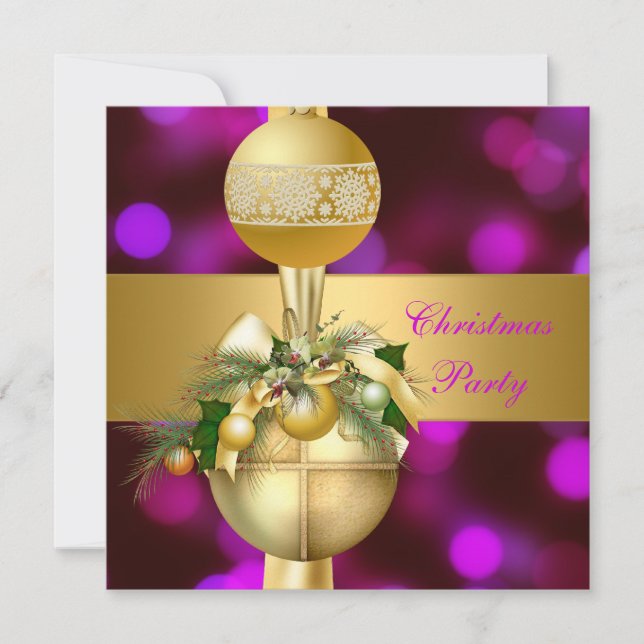 Invitation Noël Party Gold Balls violet rose (Devant)